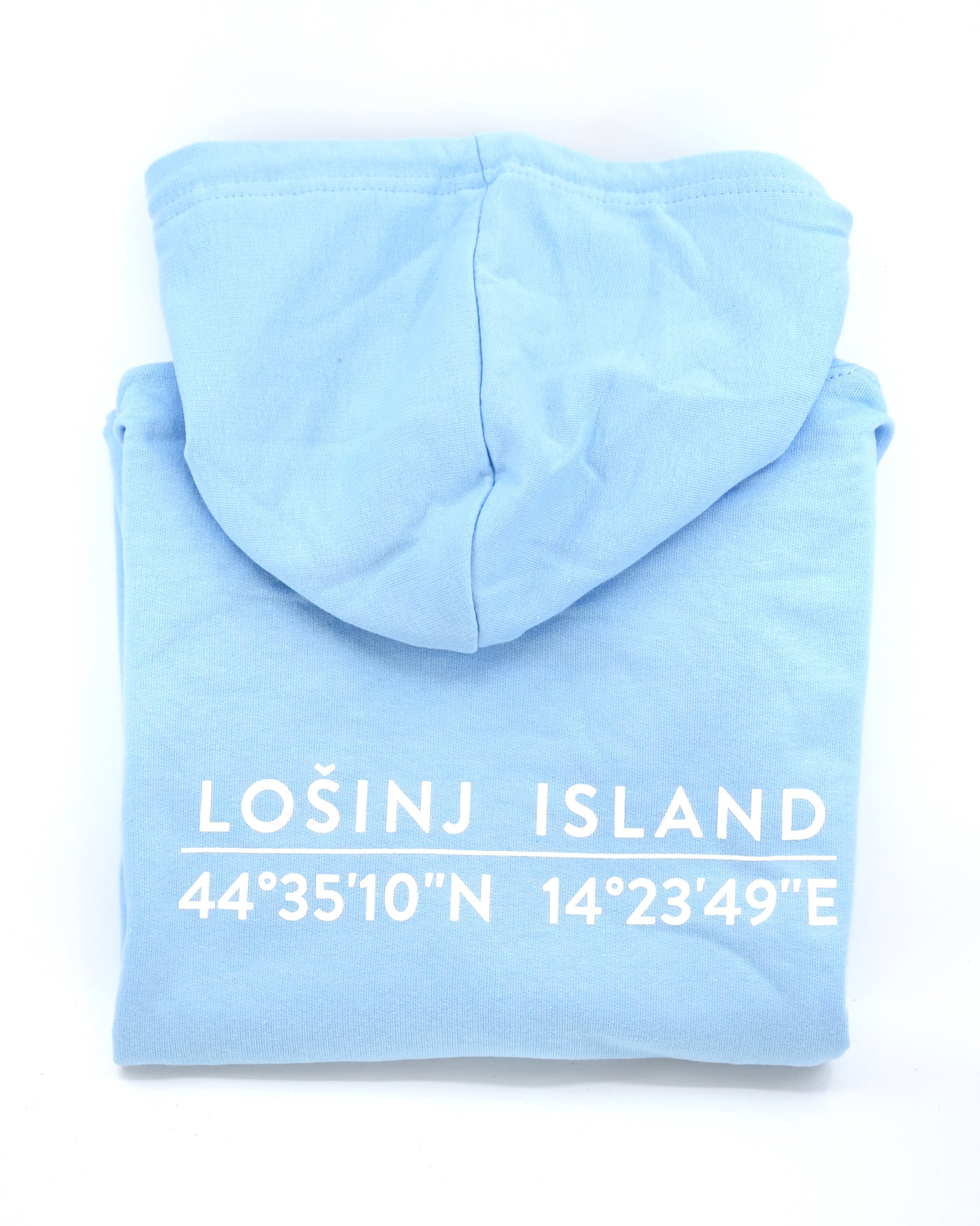 Light blue hoodie with screen printed white Lošinj island coordinates on the back.