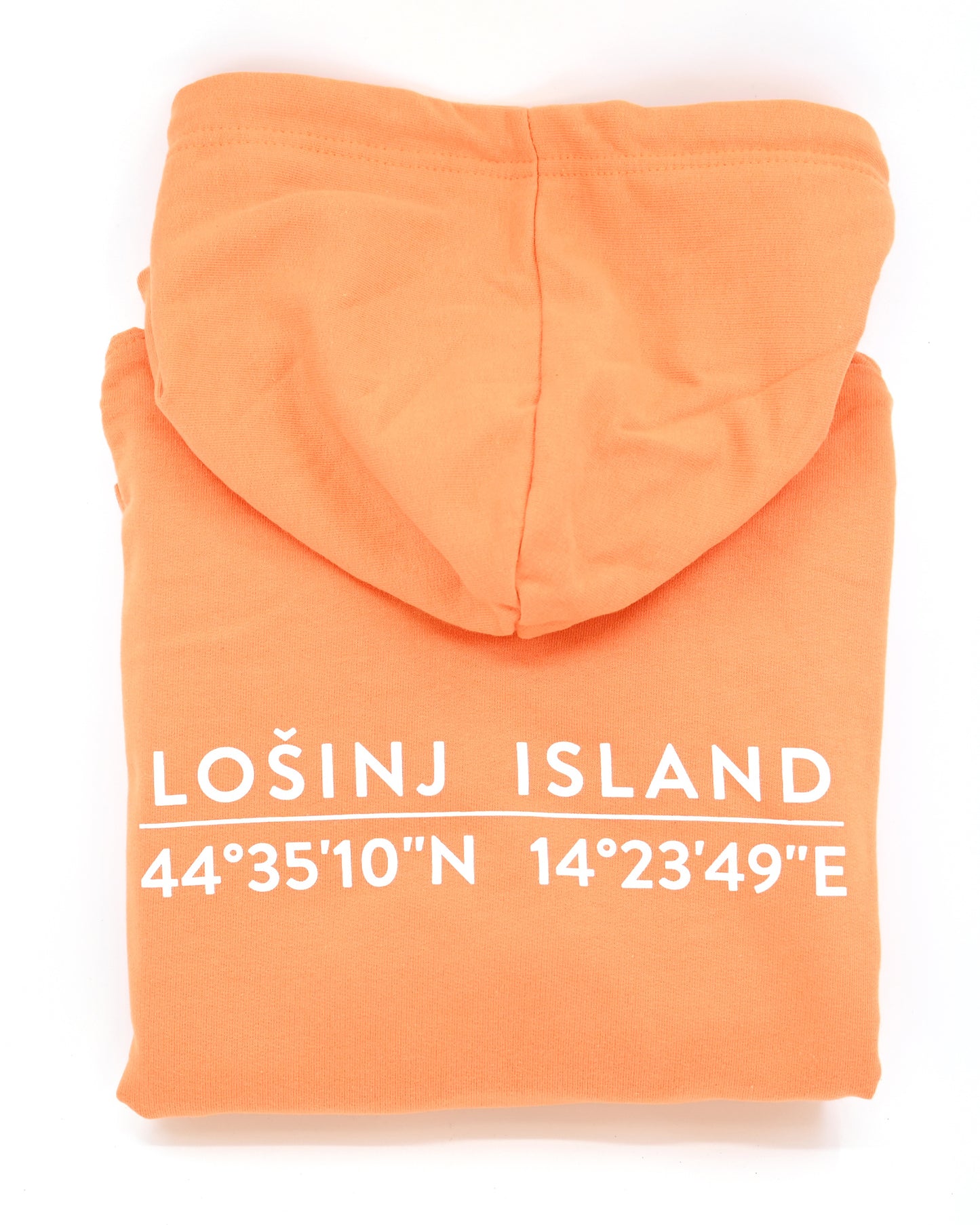 Light orange hoodie with screen printed white Lošinj island coordinates on the back.