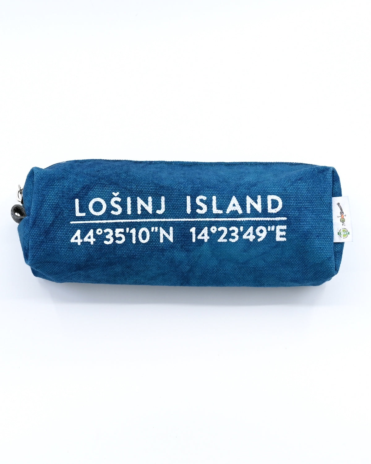 Teal box-shaped cotton canvas pencil case with splash-proof lining with screen printed white Lošinj Island coordinates design.