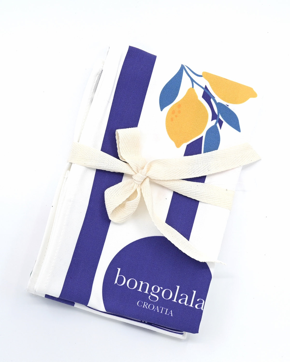 Cotton tea towel with blue nautical stripes and Lošinj Island coordinates design