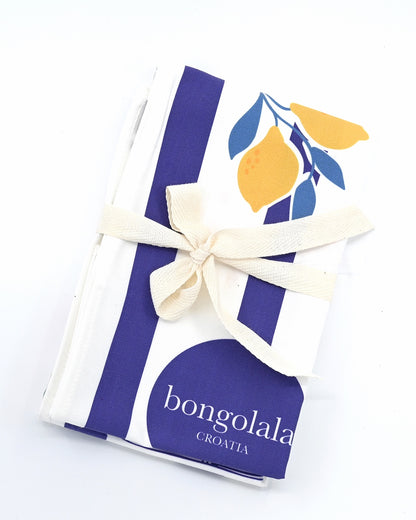 Cotton tea towel with blue nautical stripes and Lošinj Island coordinates design