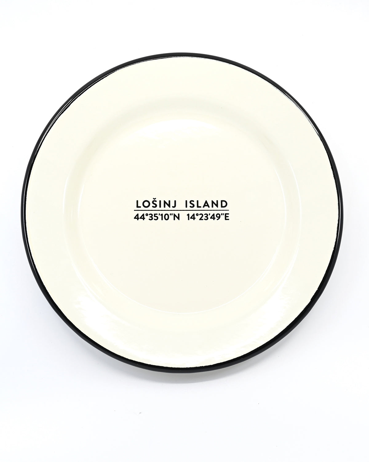 Cream coloured enamel plate 24cm with black rim and black Lošinj Island coordinates, ideal for home or outdoor use.