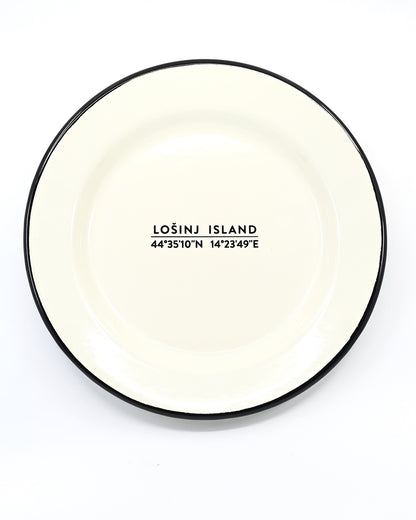 Cream coloured enamel plate 24cm with black rim and black Lošinj Island coordinates, ideal for home or outdoor use.