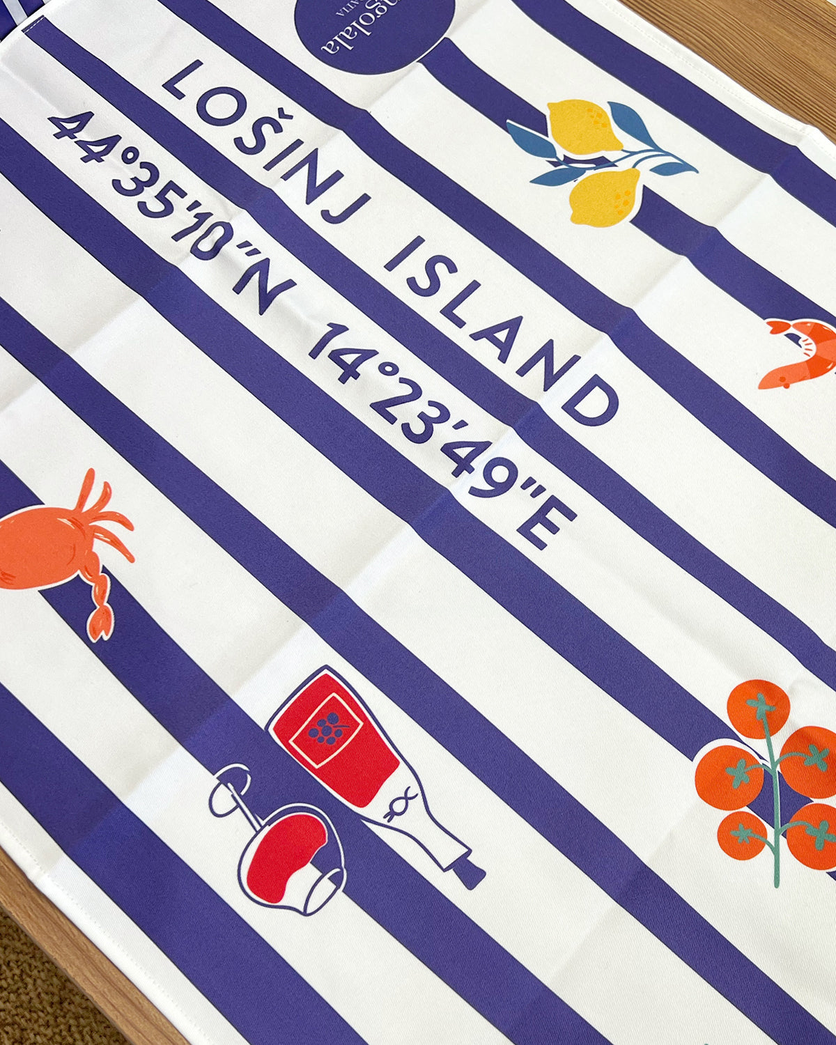 Cotton tea towel with blue nautical stripes and Lošinj Island coordinates design