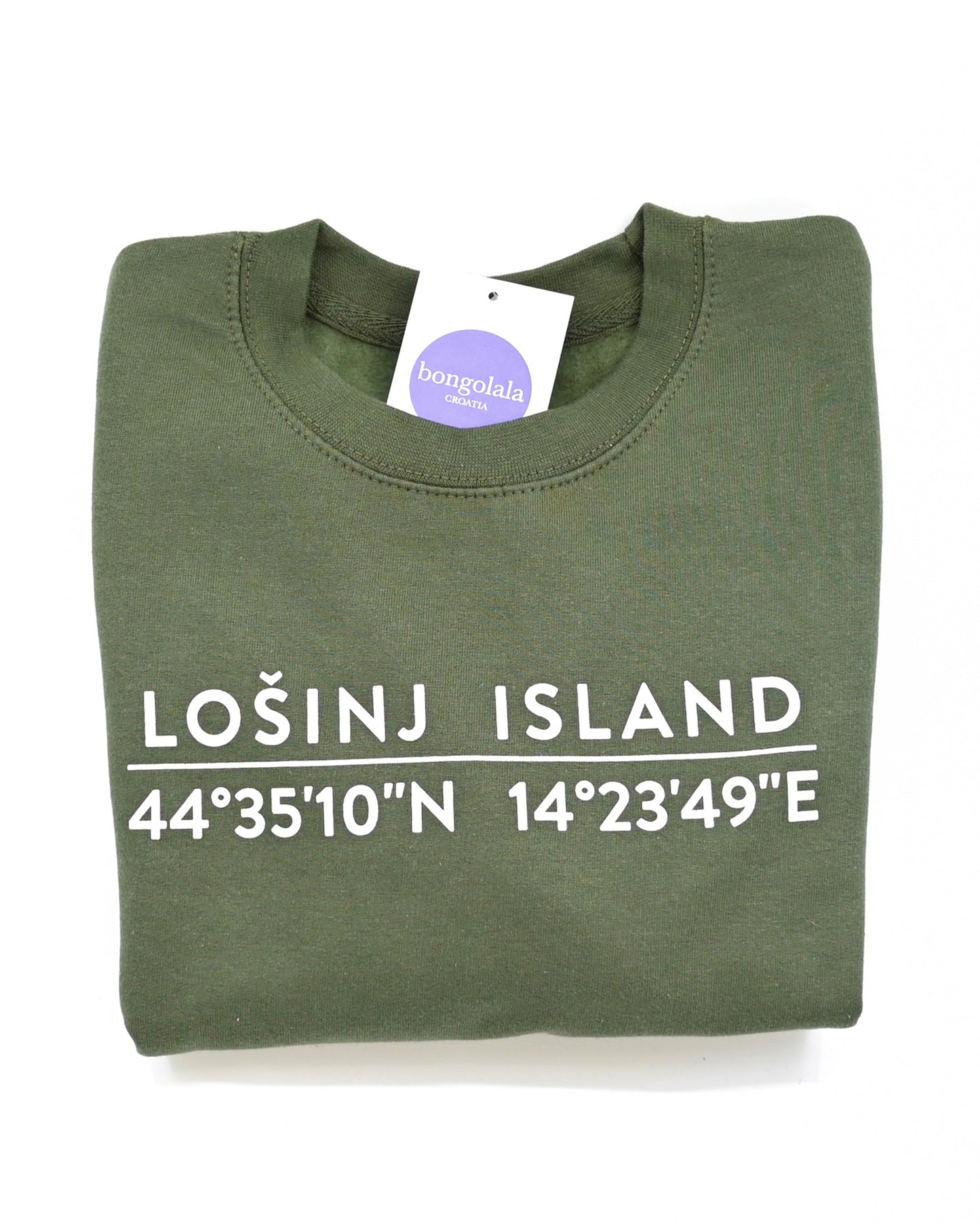 Earthy green sweatshirt with screen printed white Lošinj island coordinates on the back.