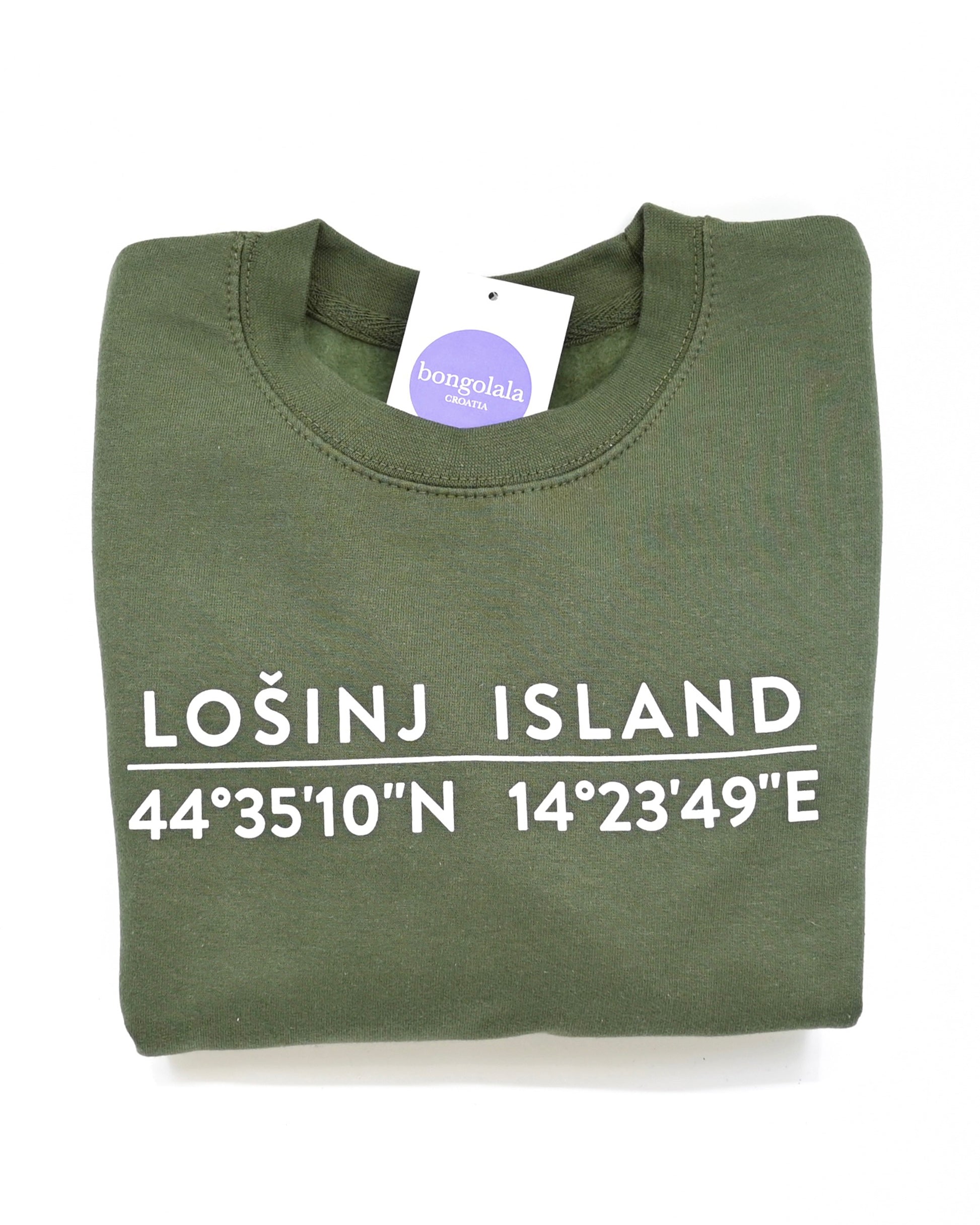 Earthy green sweatshirt with screen printed white Lošinj island coordinates on the back.