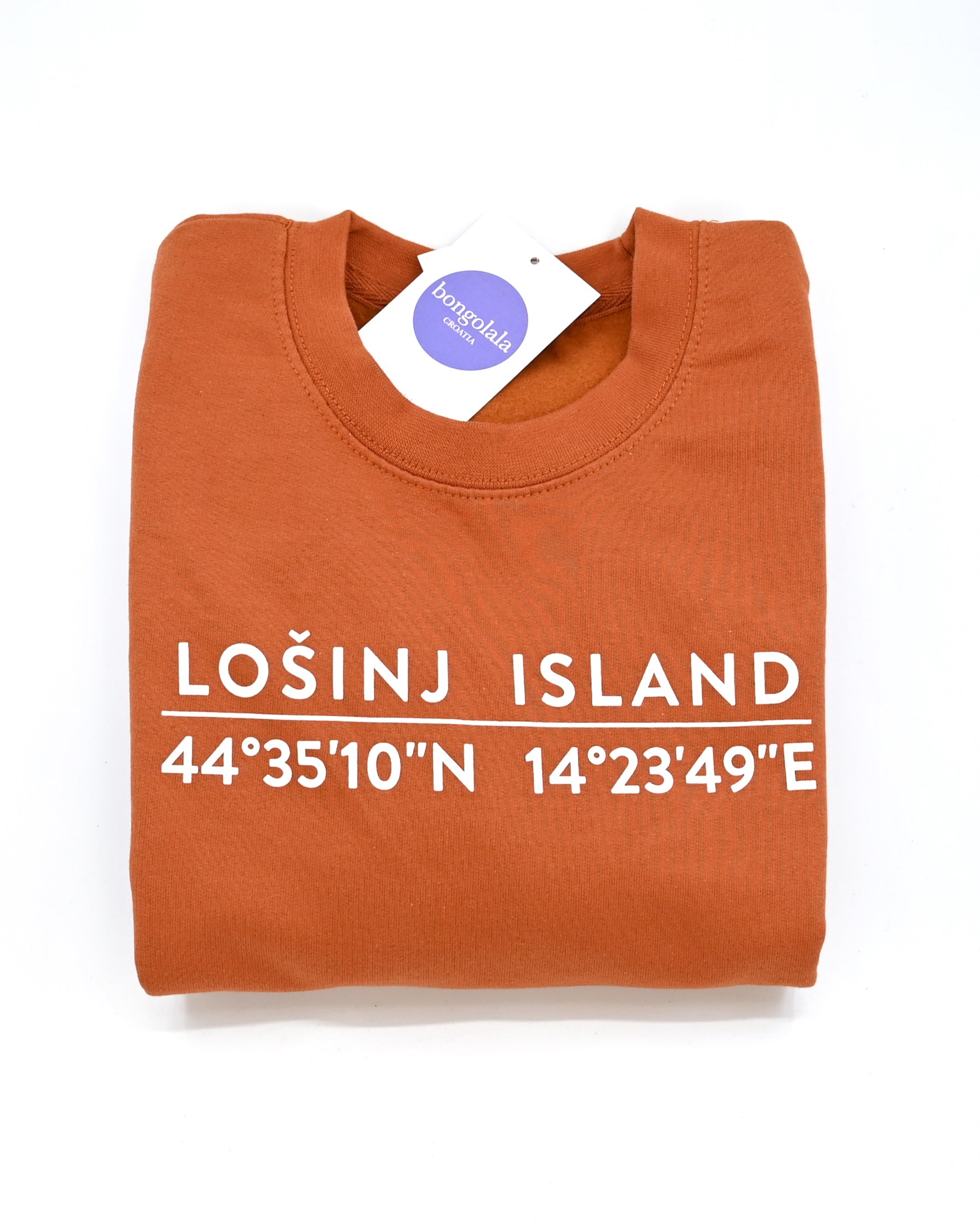 Gingerbread sweatshirt with screen printed white Lošinj island coordinates on the back.