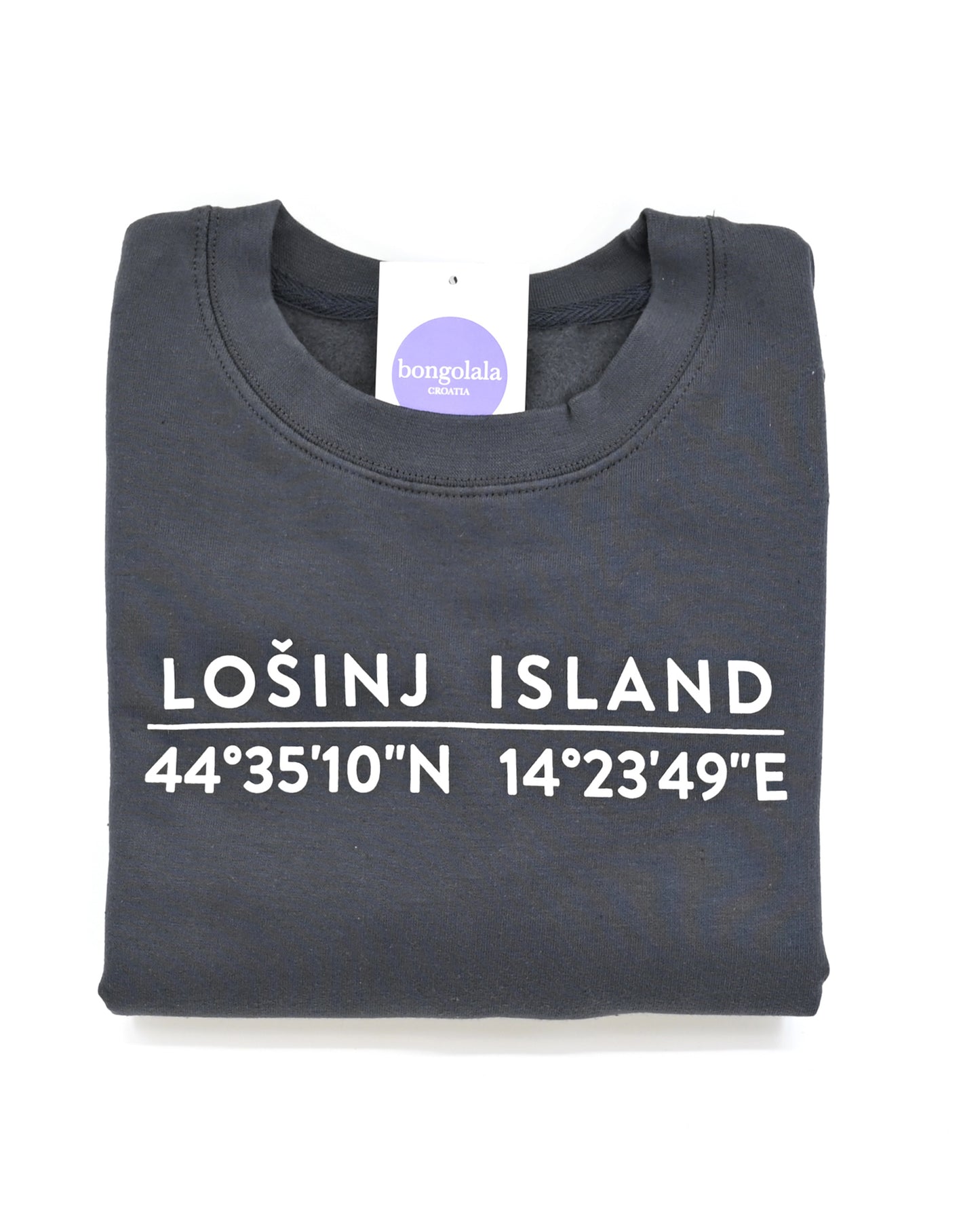 Shark grey sweatshirt with screen printed white Lošinj island coordinates on the back.