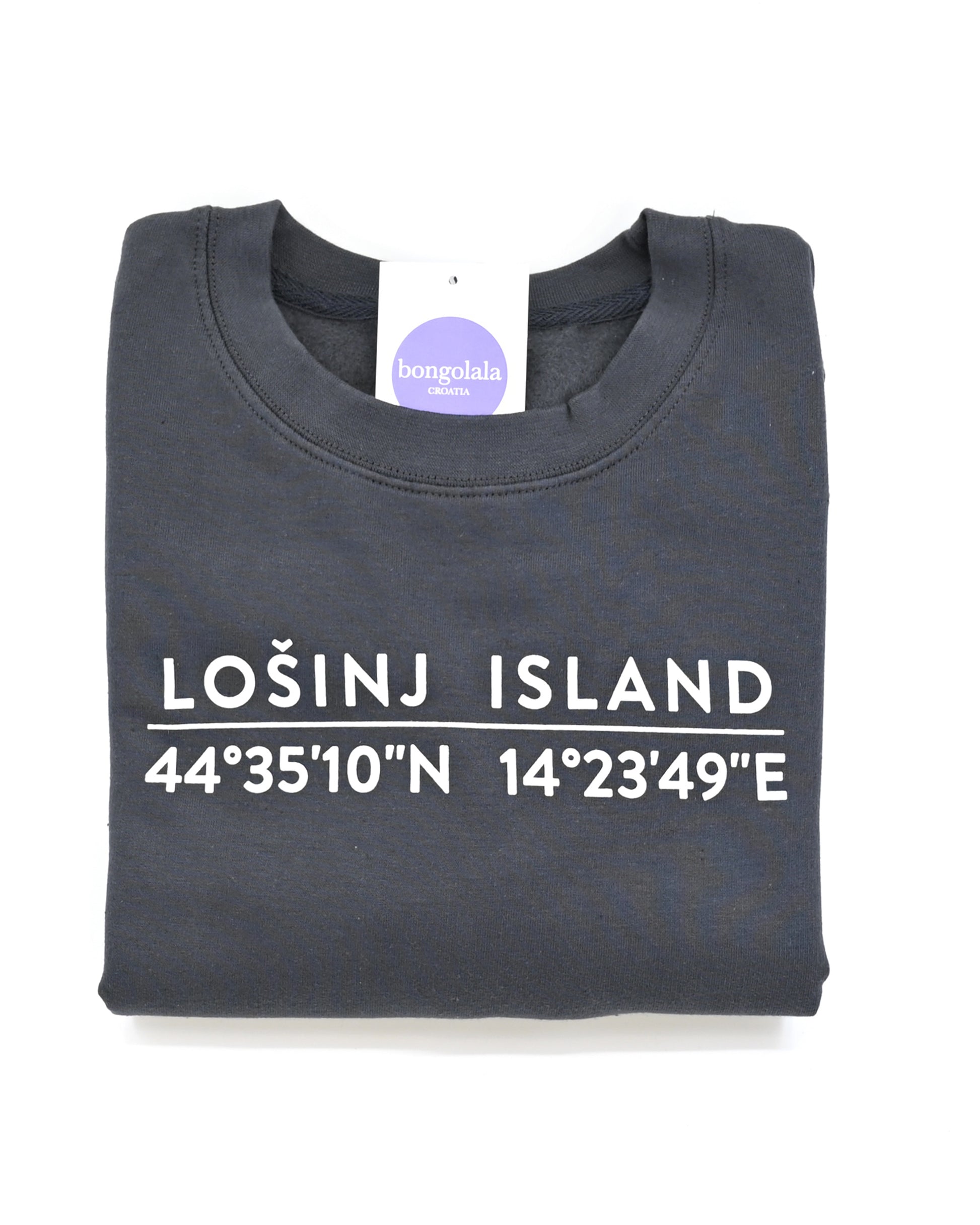 Shark grey sweatshirt with screen printed white Lošinj island coordinates on the back.