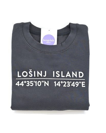 Shark grey sweatshirt with screen printed white Lošinj island coordinates on the back.