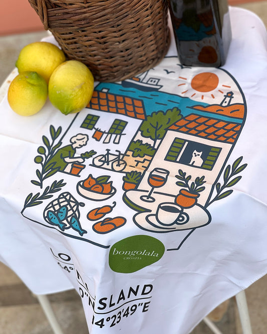 Cotton tea towel with an illustration of island life with Lošinj Island coordinates and Bongolala logo.