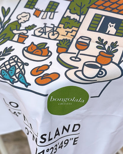 Cotton tea towel with an illustration of island life with Lošinj Island coordinates and Bongolala logo.