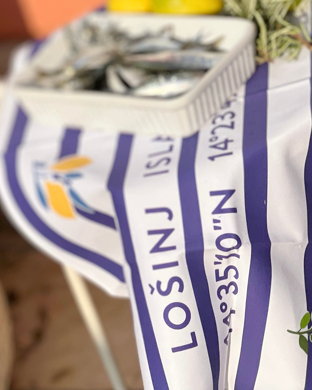 Cotton tea towel with blue nautical stripes and Lošinj Island coordinates design