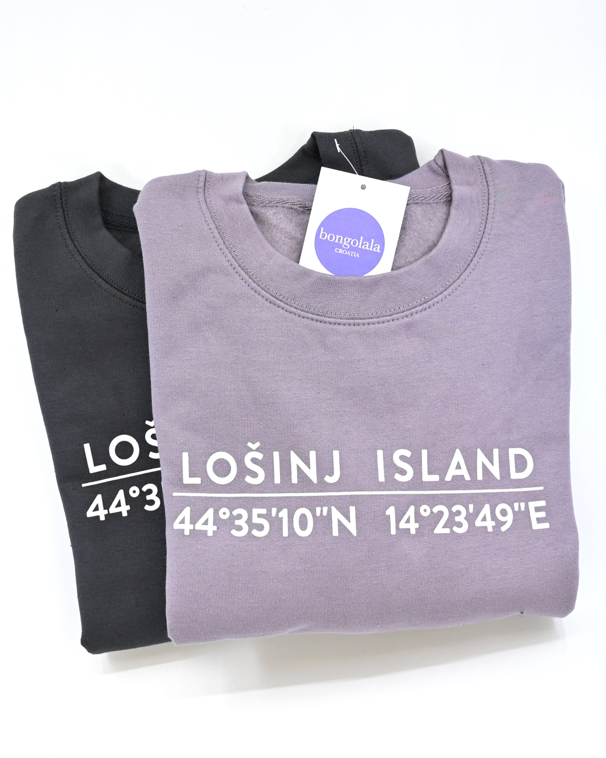 Dusty purple and grey sweatshirts with screen printed white Lošinj island coordinates on the back.