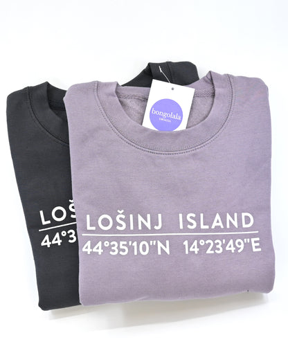 Dusty purple and grey sweatshirts with screen printed white Lošinj island coordinates on the back.