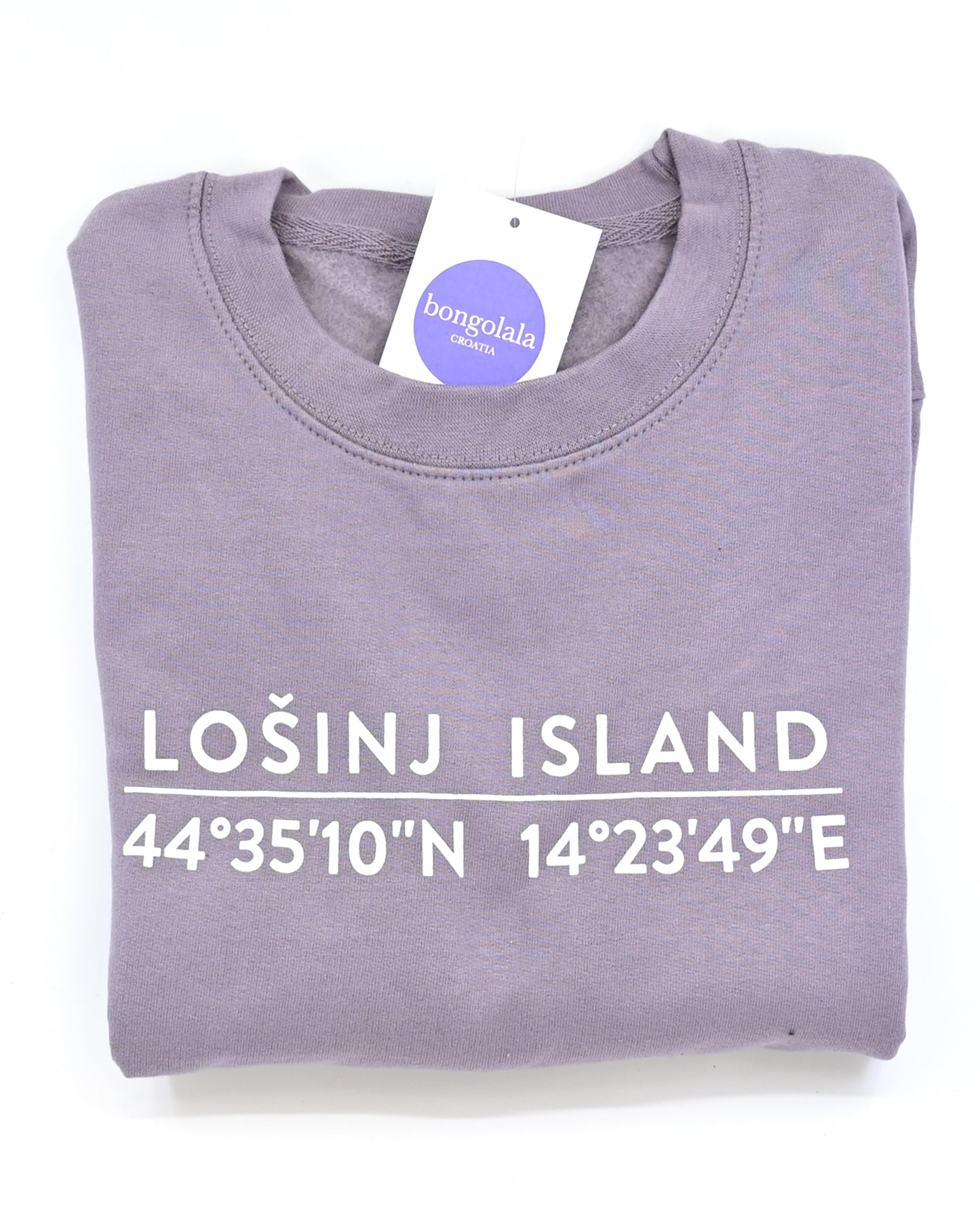 Dusty purple sweatshirt with screen printed white Lošinj island coordinates on the back.