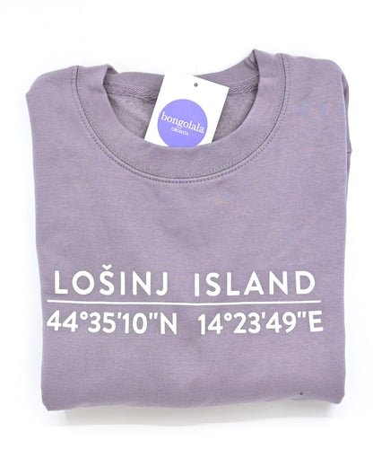 Dusty purple sweatshirt with screen printed white Lošinj island coordinates on the back.