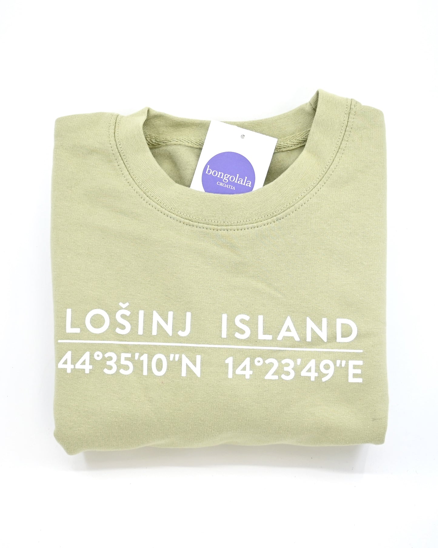 Pistachio green sweatshirt with screen printed white Lošinj island coordinates on the back.