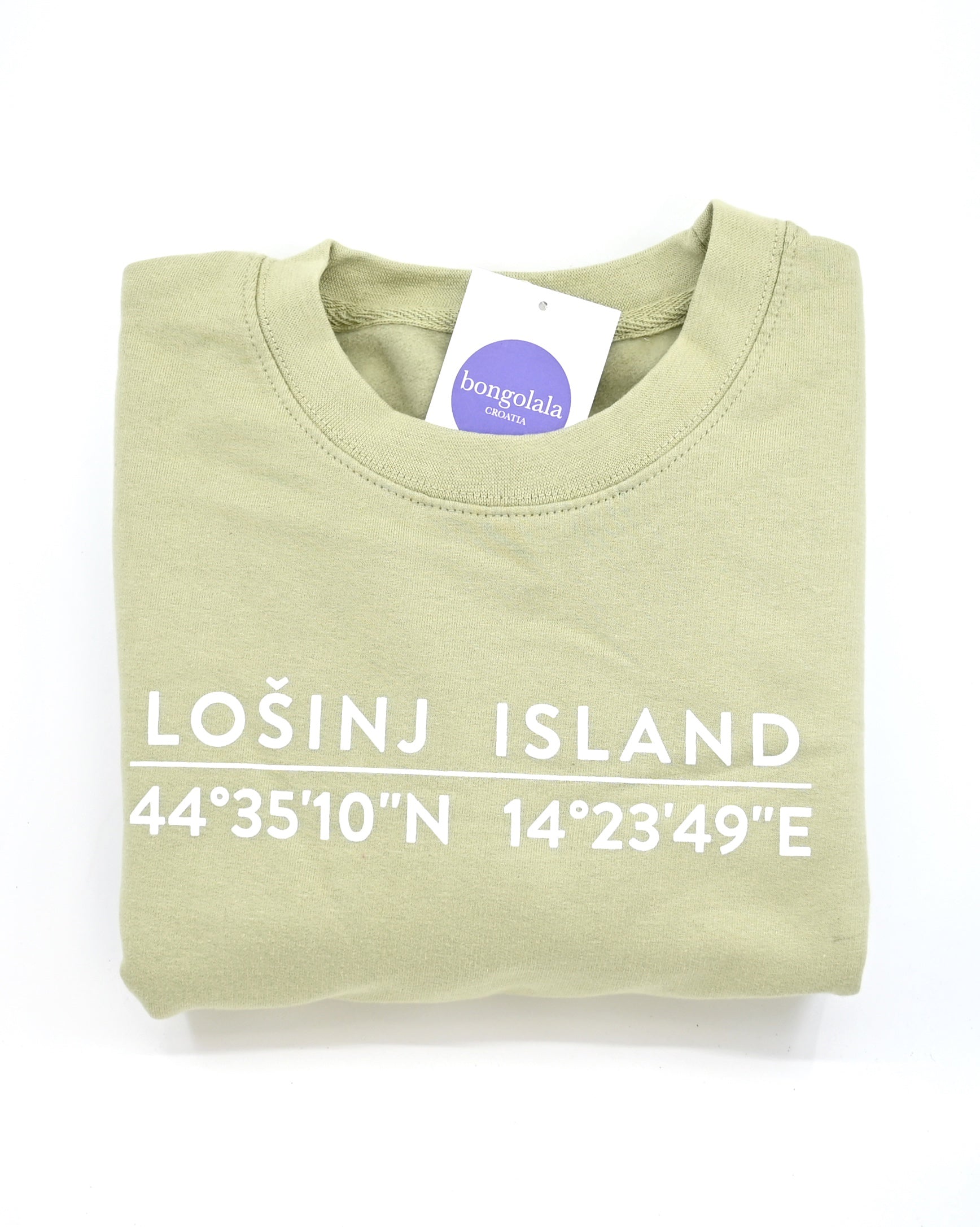 Pistachio green sweatshirt with screen printed white Lošinj island coordinates on the back.