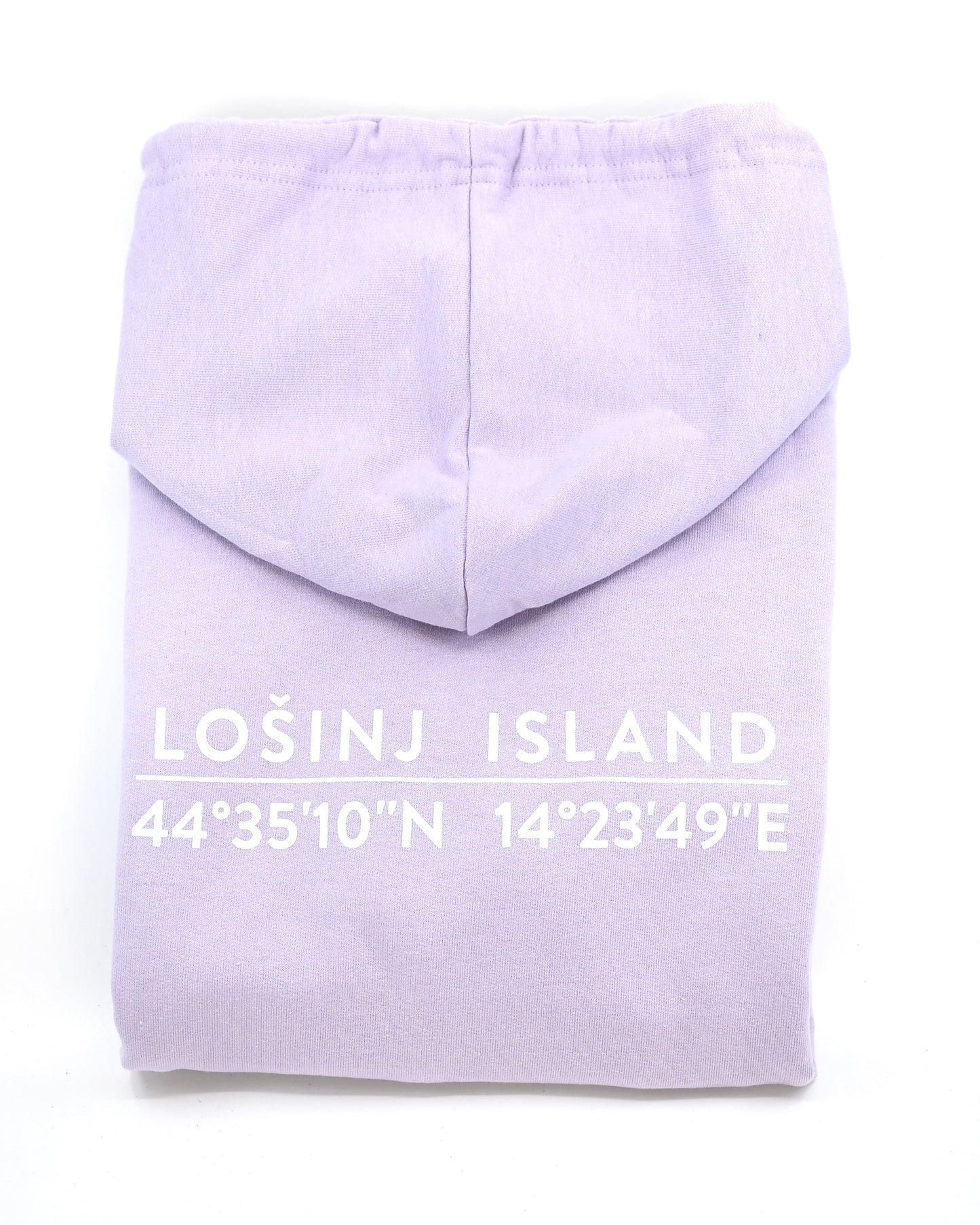 Pastel lilac hoodie with screen printed white Lošinj island coordinates on the back.