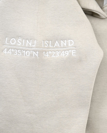 Premium, heavy hoodie  with Lošinj island coordinates stitched on the sleeve.