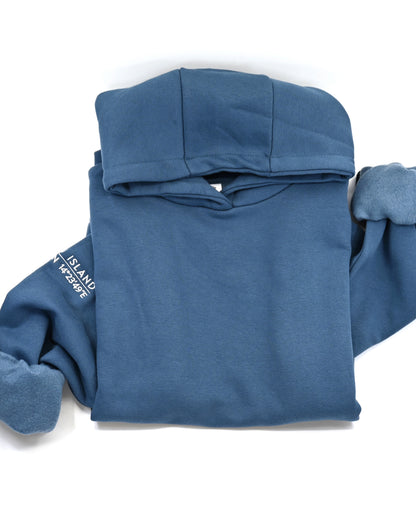 Premium, heavy hoodie  with Lošinj island coordinates stitched on the sleeve.