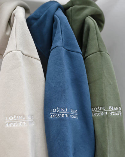 Premium, heavy hoodies  with Lošinj island coordinates stitched on the sleeve.