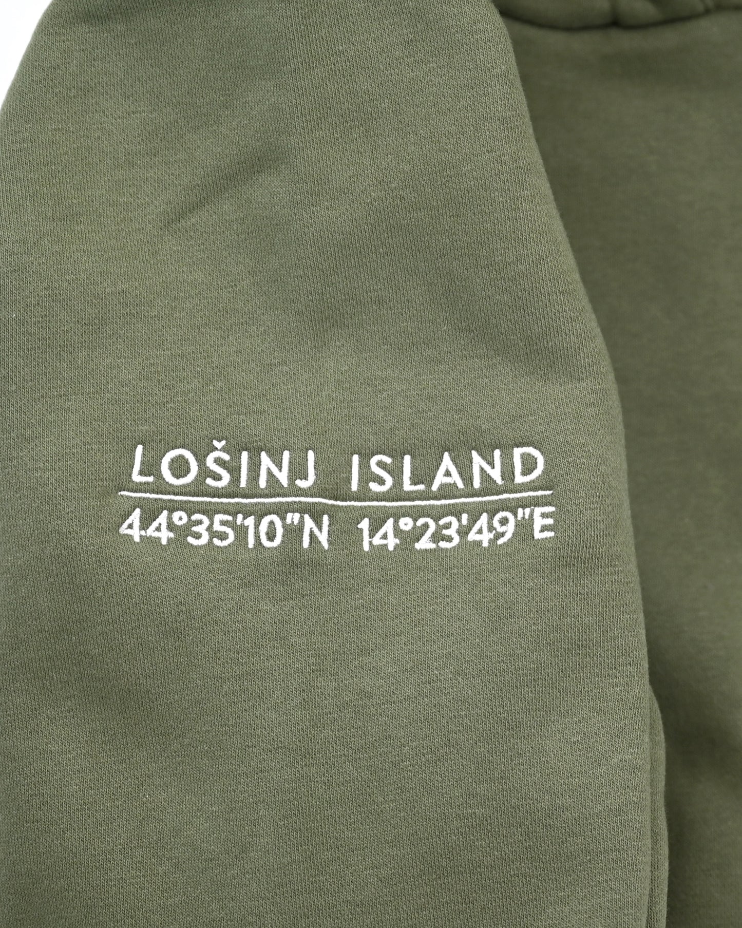 Premium heavy hoodie with Lošinj island coordinates stitched in white on the sleeve.