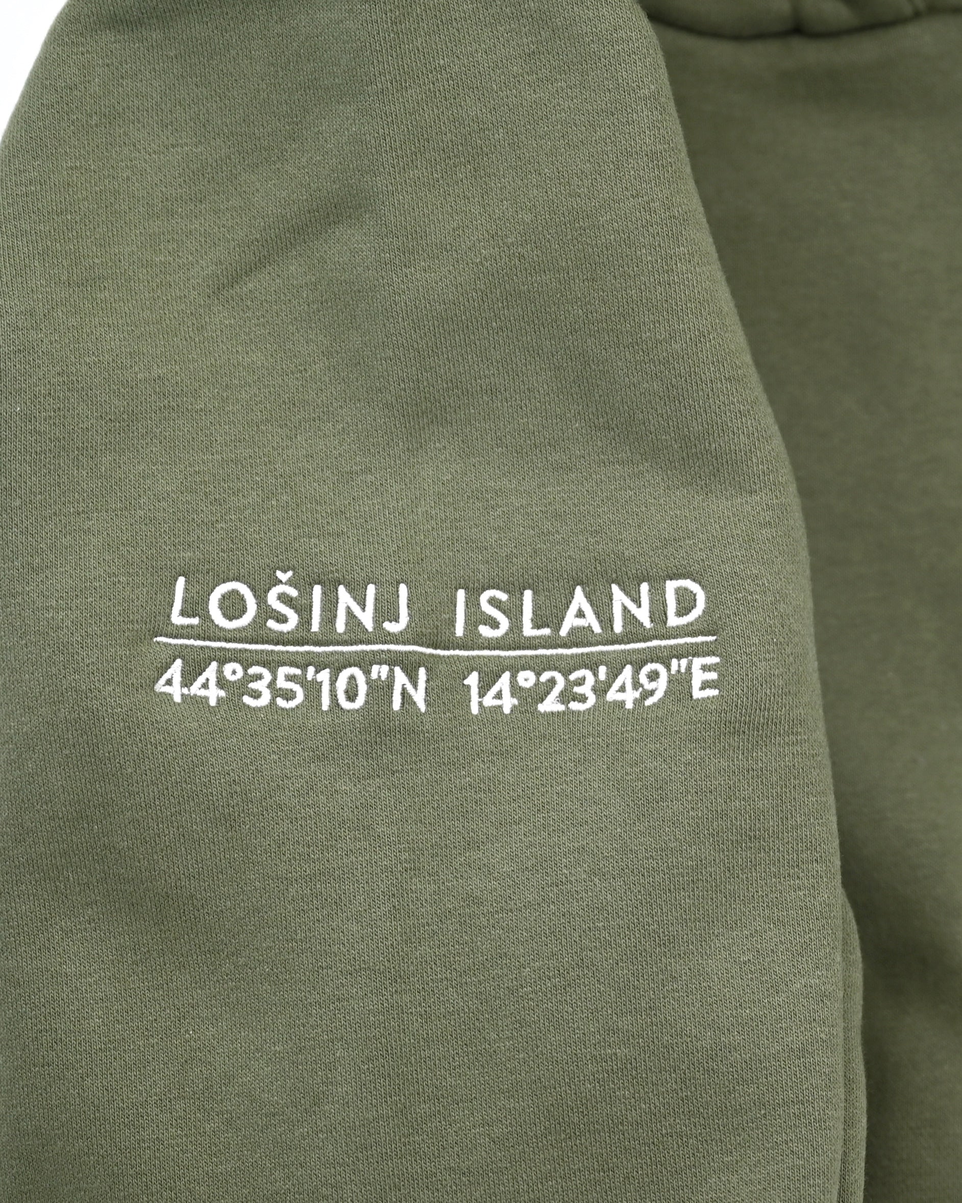 Premium heavy hoodie with Lošinj island coordinates stitched in white on the sleeve.