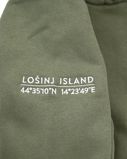 Premium heavy hoodie with Lošinj island coordinates stitched in white on the sleeve.