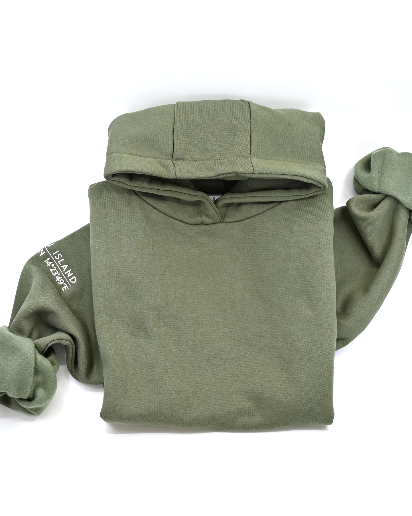 Premium heavy hoodie with Lošinj island coordinates stitched in white on the sleeve.