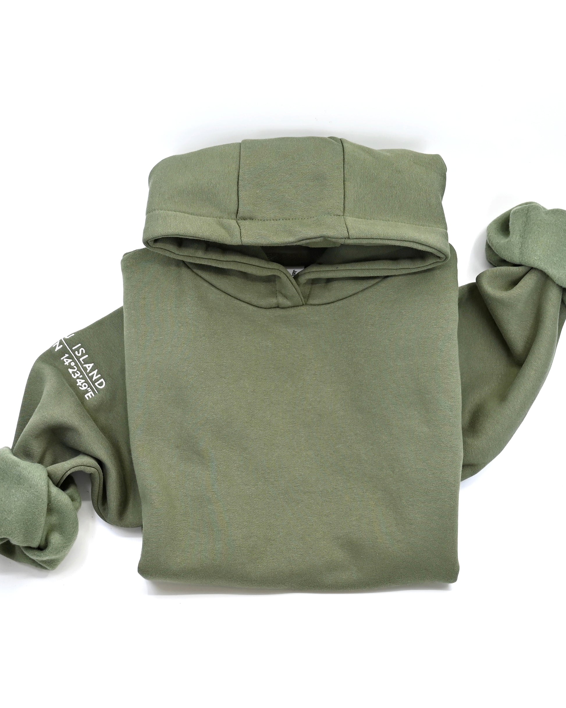 Premium heavy hoodie with Lošinj island coordinates stitched in white on the sleeve.