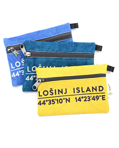3 Small cotton canvas pouches with zipper and Lošinj Island coordinates design in sky blue, teal and yellow.