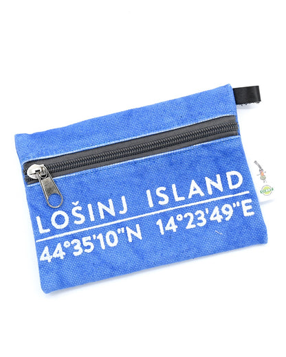 Small cotton canvas pouch with zipper and Lošinj Island coordinates design in sky blue.