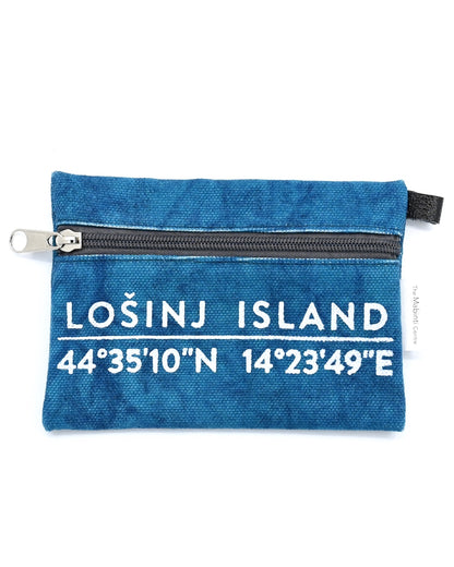 Small cotton canvas pouch with zipper and Lošinj Island coordinates design in teal.