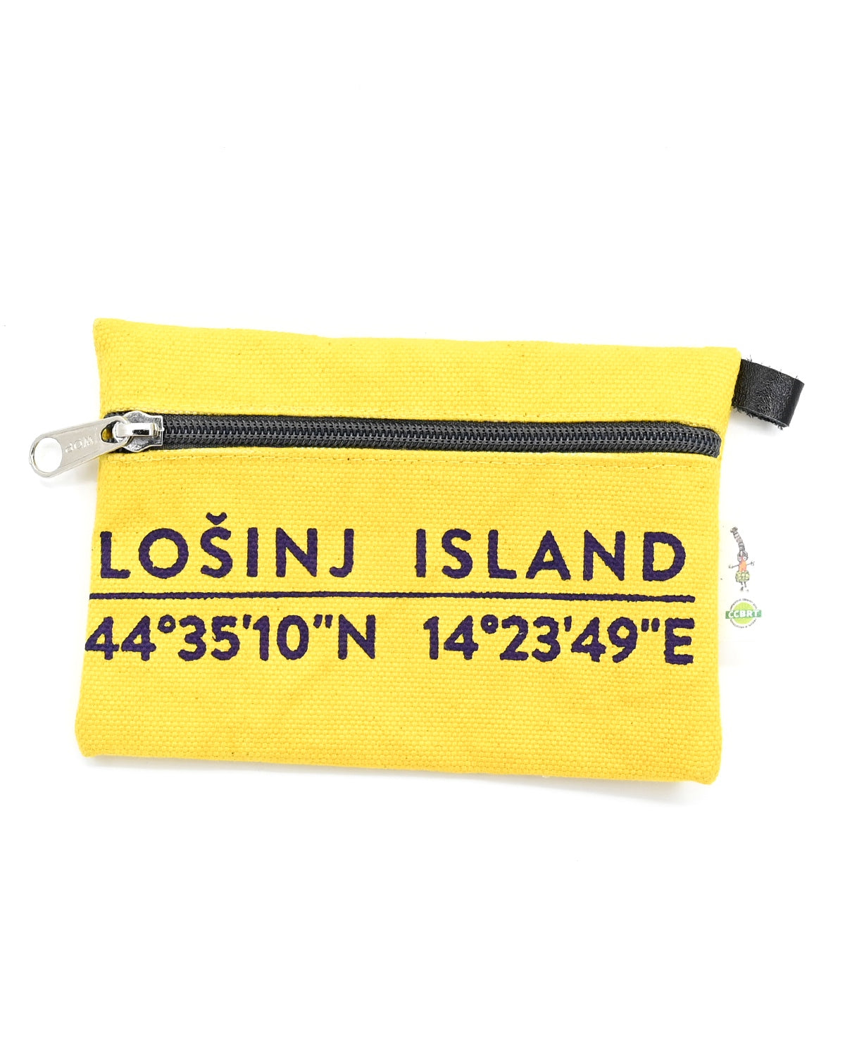 Small cotton canvas pouch with zipper and Lošinj Island coordinates design in yellow.