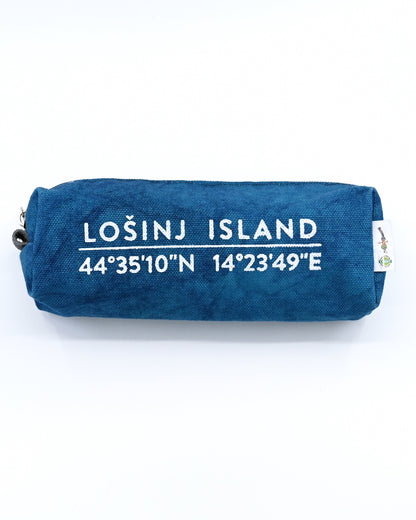 Teal box-shaped cotton canvas pencil case with splash-proof lining with screen printed white Lošinj Island coordinates design.