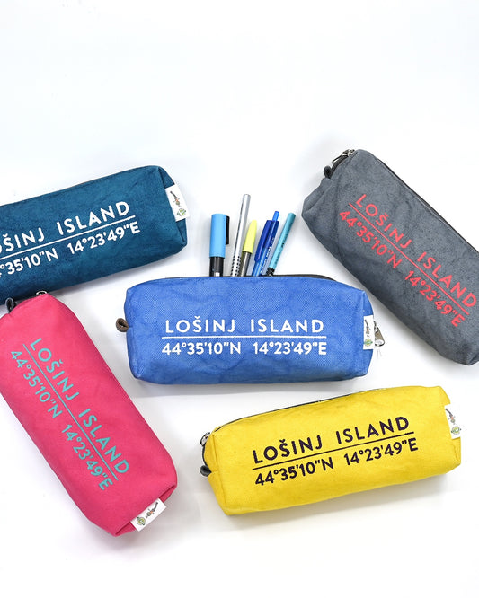Box-shaped cotton canvas pencil cases in pink, teal, grey, yellow and sky blue. All with splash-proof lining and Lošinj Island coordinates design on one side.