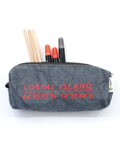 Grey box-shaped cotton canvas pencil case with splash-proof lining and Lošinj Island coordinates.
