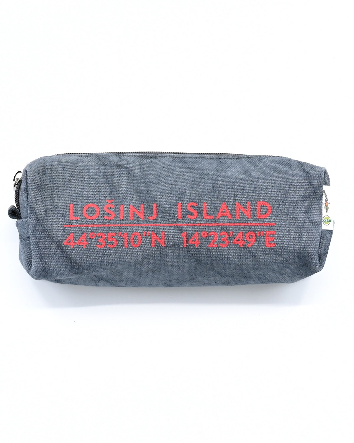 Grey box-shaped cotton canvas pencil case with splash-proof lining with screen printed orange Lošinj Island coordinates design.