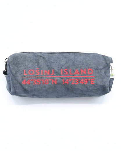 Grey box-shaped cotton canvas pencil case with splash-proof lining with screen printed orange Lošinj Island coordinates design.