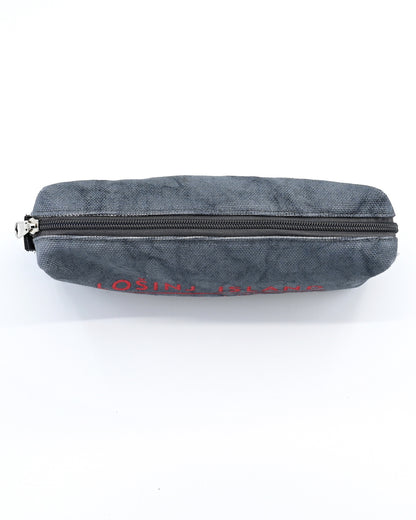 Grey box-shaped cotton canvas pencil case with splash-proof lining with screen printed orange Lošinj Island coordinates design.
