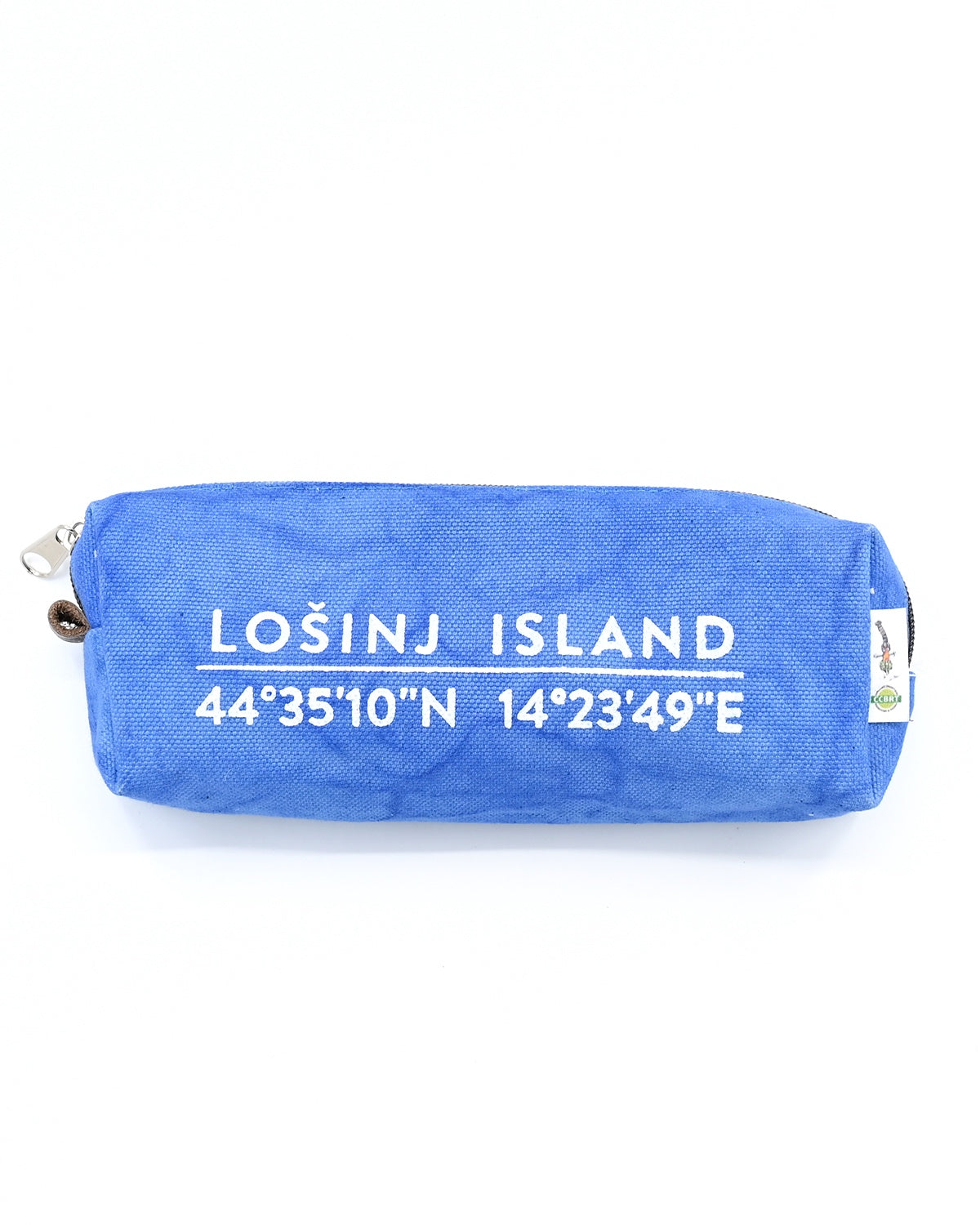 Sky blue box-shaped cotton canvas pencil case with splash-proof lining and Lošinj Island coordinates.