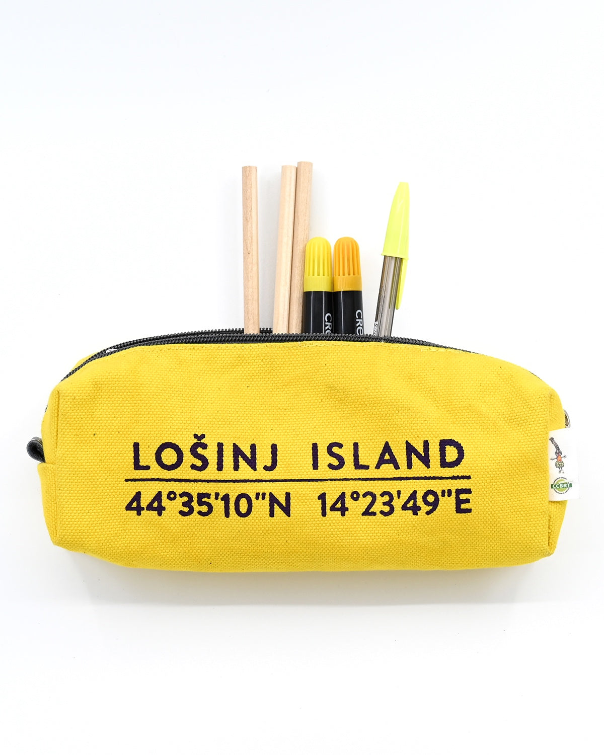 Yellow box-shaped cotton canvas pencil case with splash-proof lining with screen printed navy blue Lošinj Island coordinates design.