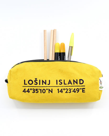 Yellow box-shaped cotton canvas pencil case with splash-proof lining with screen printed navy blue Lošinj Island coordinates design.