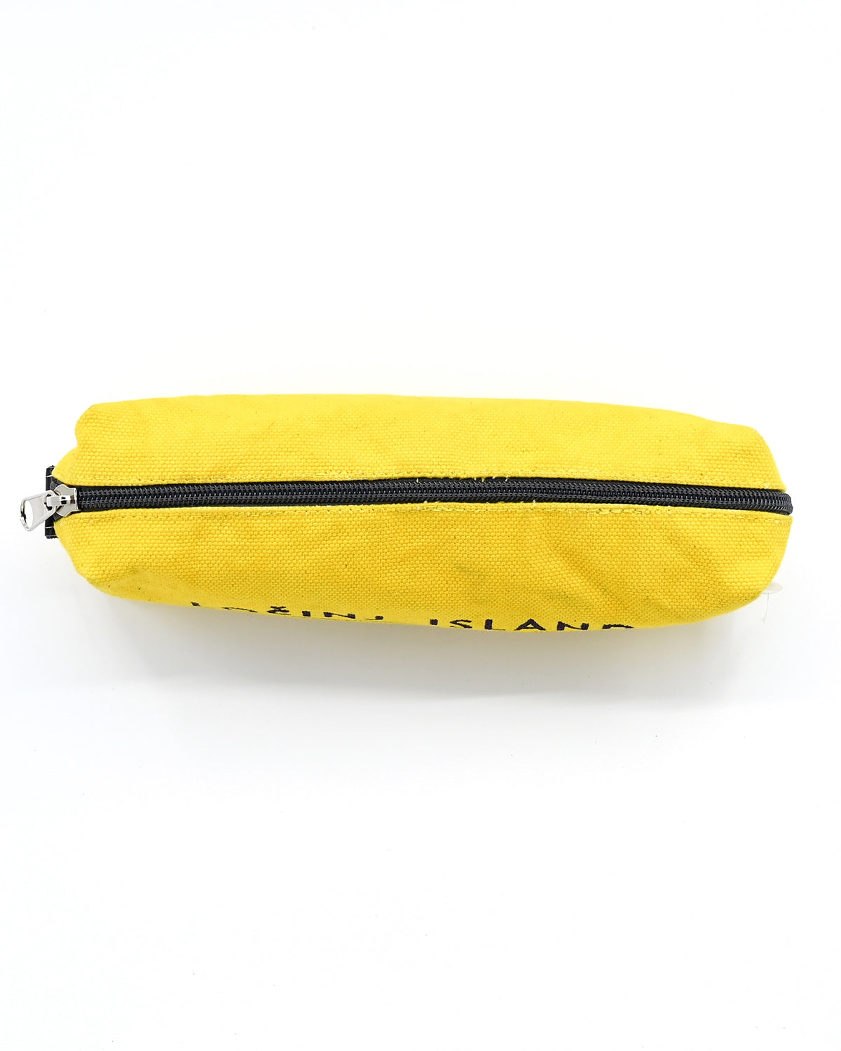 Yellow box-shaped cotton canvas pencil case with splash-proof lining with screen printed navy blue Lošinj Island coordinates design.