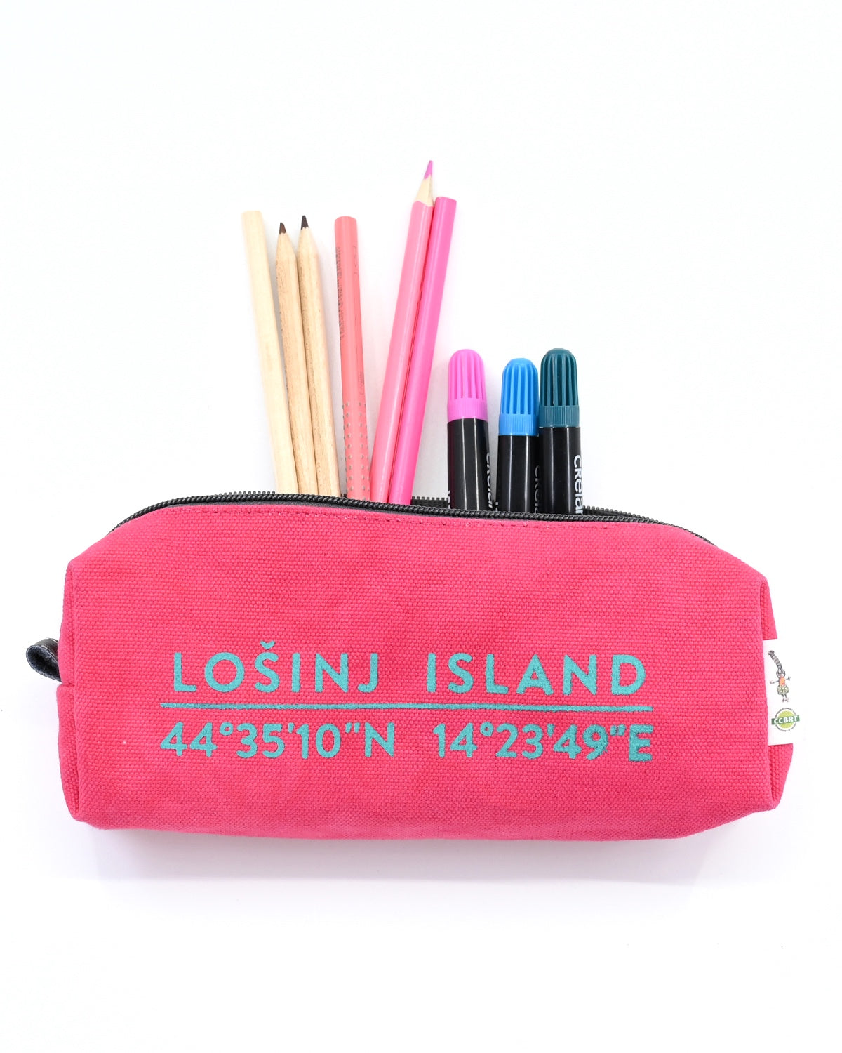 Pink box-shaped cotton canvas pencil case with splash-proof lining and Lošinj Island coordinates.