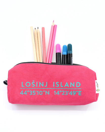Pink box-shaped cotton canvas pencil case with splash-proof lining and Lošinj Island coordinates.