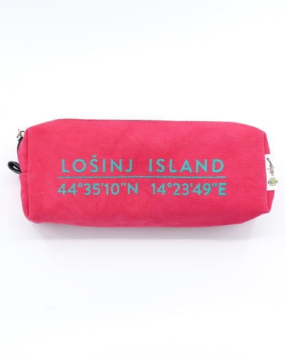 Pink box-shaped cotton canvas pencil case with splash-proof lining and Lošinj Island coordinates.