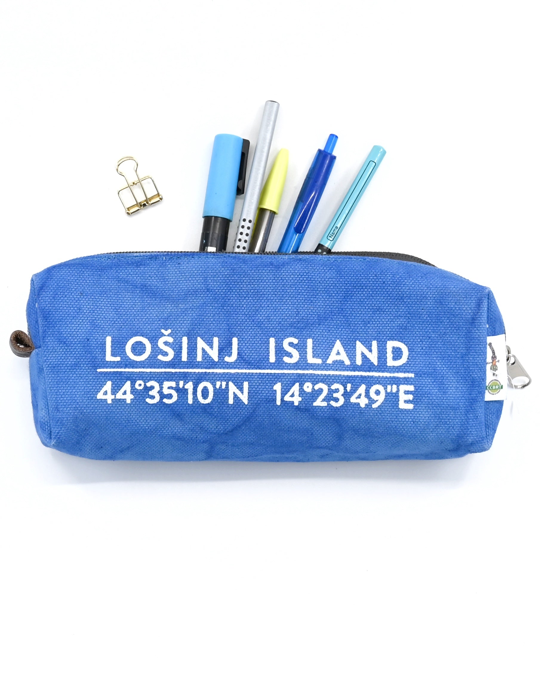 Sky blue box-shaped cotton canvas pencil case with splash-proof lining and Lošinj Island coordinates.